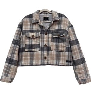 HURLEY Crop Flannel Sherpa Lined Shacket Beige White Black Button Up Women Sz XL